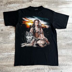 Vintage American Thunder Single Stitch Native American Woman & Wolf T-shirt